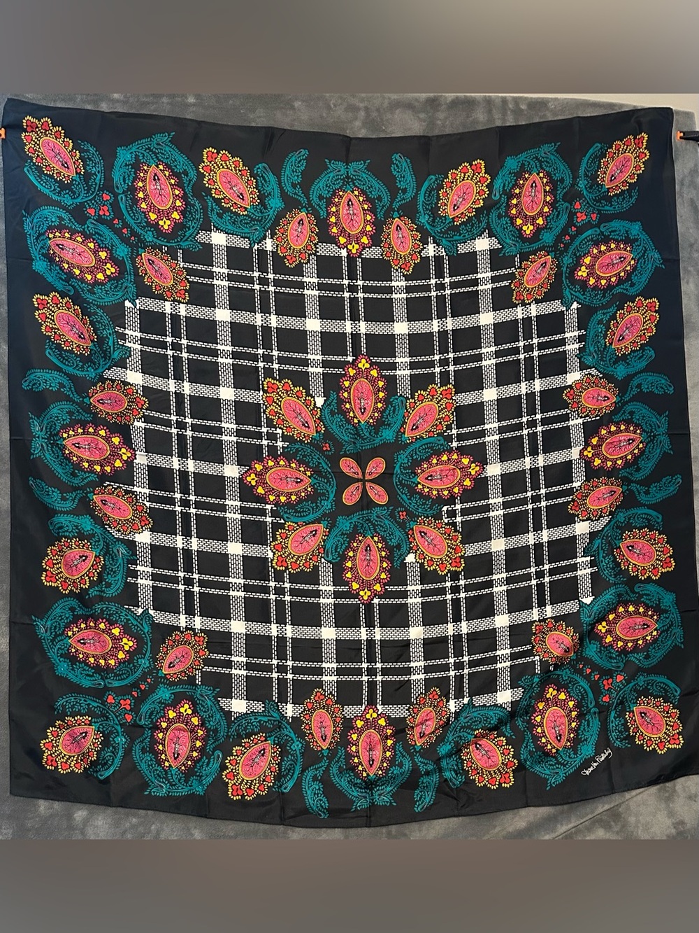 Vintage Diane Von Furstenberg Black Scarf with Teal, Pink & Yellow Paisley Plaid